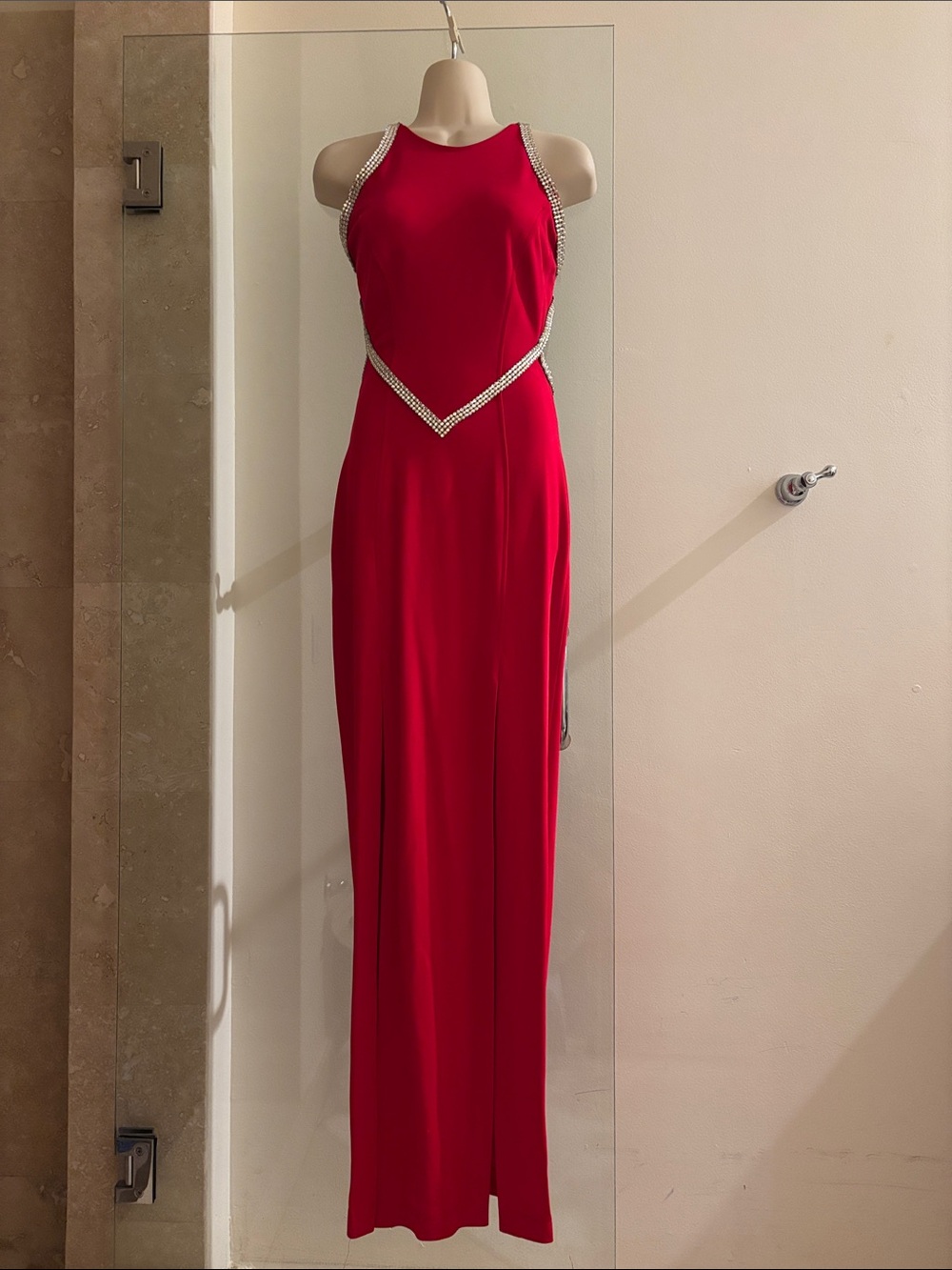 Nicole Batki red long gown with rhinestones SZ S